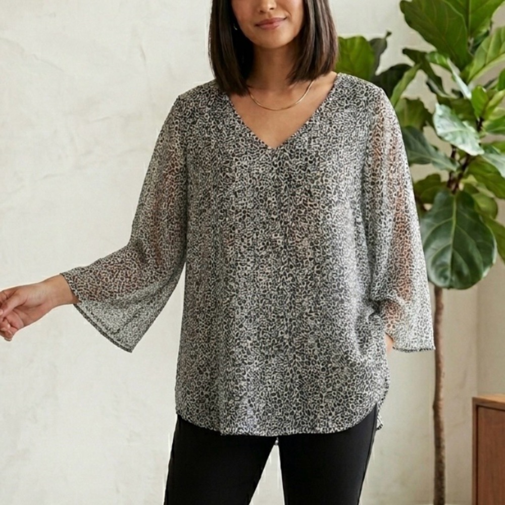 Boutique Sheer Overlay Animal Print Top 1X Black Gray White